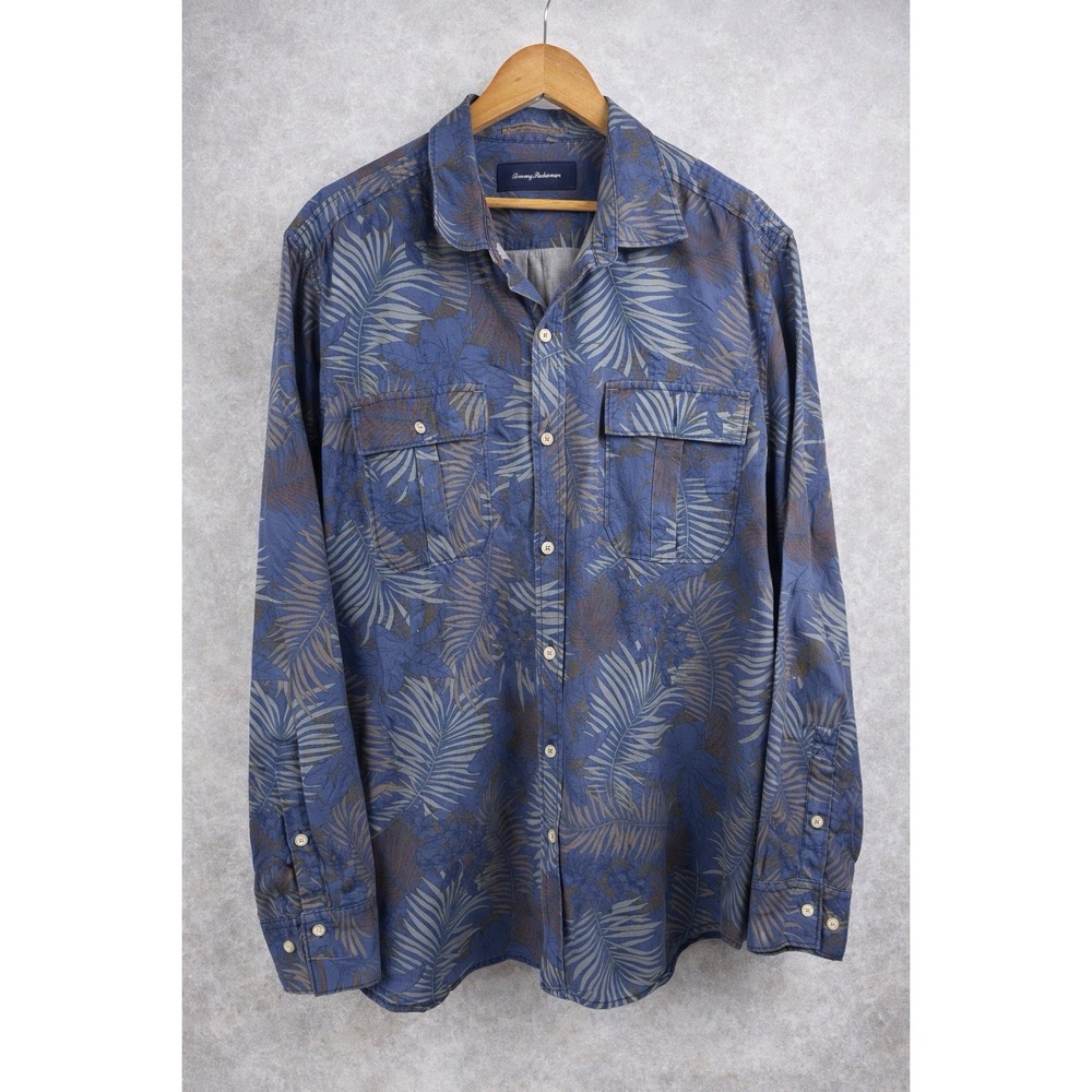 Tommy Bahama Shirt Mens Size XL Blue Palm‎ Tropical Hawaiian Print Button Up